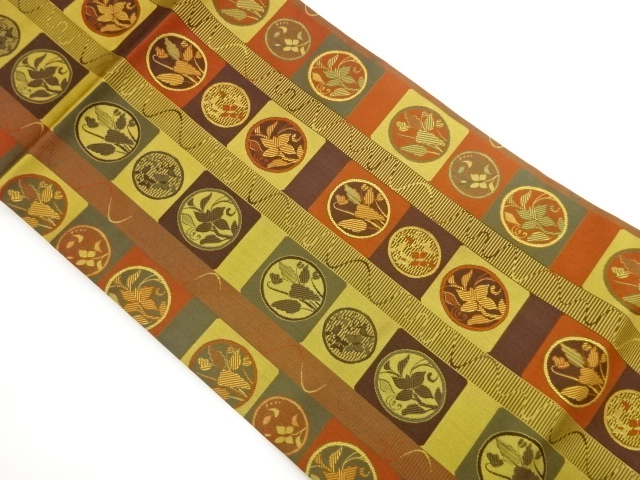 JAPANESE NAGOYA OBI / WOVEN STRIPE & FLORAL PLANTS